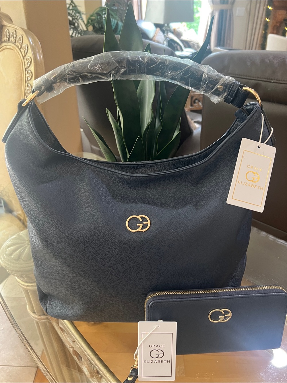 GRACE ELIZABETH Navy Pebbled Leather Hobo with Matching Wallet